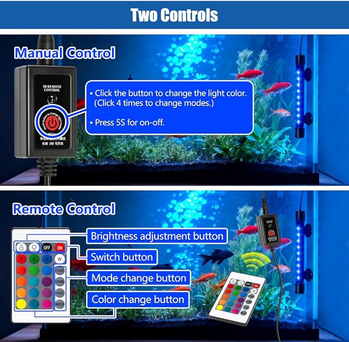 LED Aquarium Light with IP68 Waterproof and Memory Function Submersible Fish Tank Light with Remote and 16 Colors 23 Inches Brightness Adjustable Underwater Light Bar for Fish Tank Aquarium