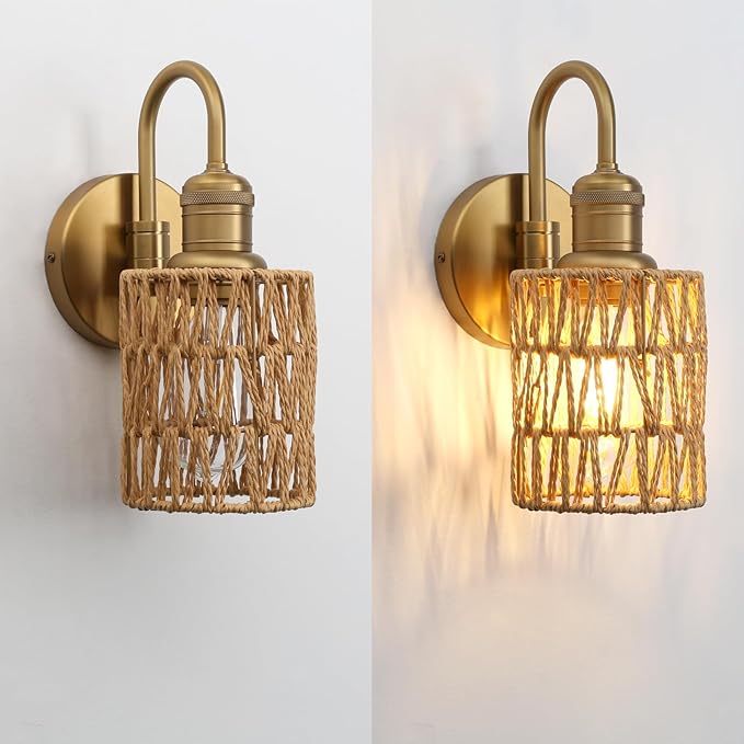 Vintage Gooseneck Sconces Wall Decor Set of 2 with Rattan Shade, Boho Wall Sconces Set of Two Hardwired Wall Lamp Fixture for Living Room Bedroom Bedside Hallway