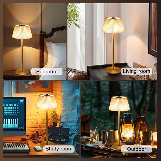 Small Table Lamp Rechargeable, 4000mAh LED Mini Cordless Lamps Gold Fabric Pleated Shade Battery Operated Lamp with 3 Colors Stepless Dimming Touch Lamps for /Bedroom/Bars/Outdoor Party/Camping,1 Pack
