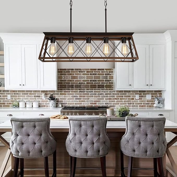 Q&S Farmhouse Rustic Chandelier Light Fixtures Bronze 5 Lights Linear Rectangular Chandelier Pendant Light Fixtures for Dining Room Kitchen Island Pool Bar Office Living Room Entryway UL Listed