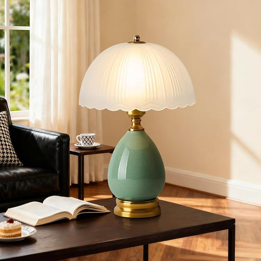Ceramic Table lamp, Modern Bedside Lamps Green Mid Century Vintage Desk Lamp Retro Glass Mushroom Traditional Lamp for Nightstand Living Room Bedroom Home Decor (S04GN-1PACK)