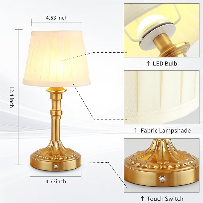 Mr.White Set of 2 Rechargeable Cordless Table Lamp with Fabric Shade, 5200mAh Battery Operated LED Table Light, for Restaurant Kitchen Patio Dinner Dining (Bronze)