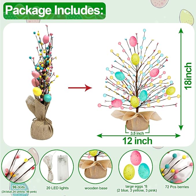 2 Pack & Timer - Easter Decorations, Easter Tree Tabletop with 20 Warm White Lights Battery Operated 19 Inch 8 Large Colorful Eggs 72 Colorful Berries Artificial Tree Easter Decor Spring Home Party