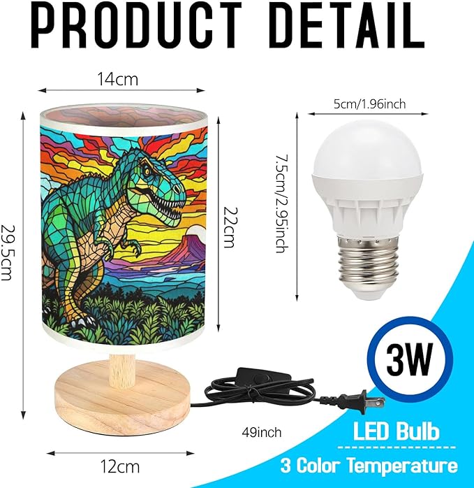 Dinosaur Table Lamp LED 3-Color Pressed Bedside, Dinosaur Shade Lamp with Wood Base for Bedroom Living Room Desk Office TL01