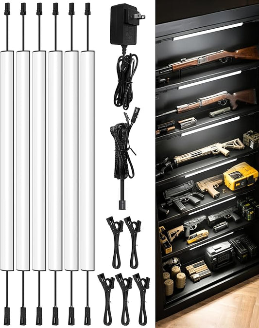 ASOKO Gun Safe Lighting Kit, 6pcs Linkable 12Inch Light Bars,1600LM Motion Activated Under Cabinet Lighting with 24V 1A Power Adapter, 6000K Cool White for Gun Safe Locker Closet Display Case