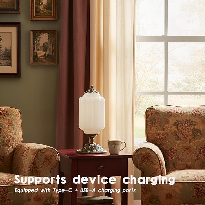 Vintage Touch Bedside Table Lamp, Elegant Milk White Glass Desk Lamp 3 Way Dimmable with USB C+A Charging Ports - Bedroom Nightstand & Living Room Essential (Vintage White, 6.5)