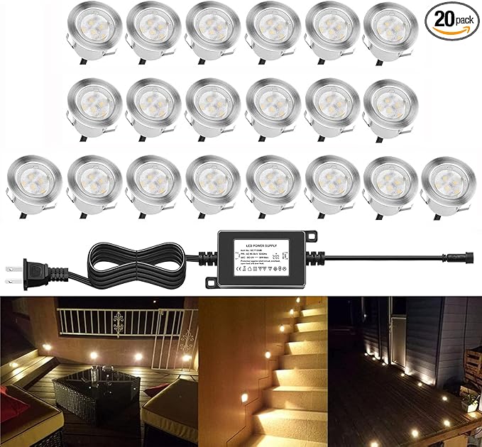 Led Deck Lights Outdoor Waterproof Low Voltage Stainless Steel 1W Outdoor Yard Garden Decoration Lamps Landscape Pathway Patio Step Stairs LED In-ground Lights Silver Border(20pcs, Warm White)