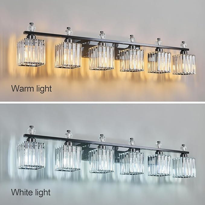 Vanity Lights 6-Light Modern Crystal Vanity Light Plating Black Bathroom Light Fixtures Over Mirror Crystal Bathroom Vanity Lighting Fixtures