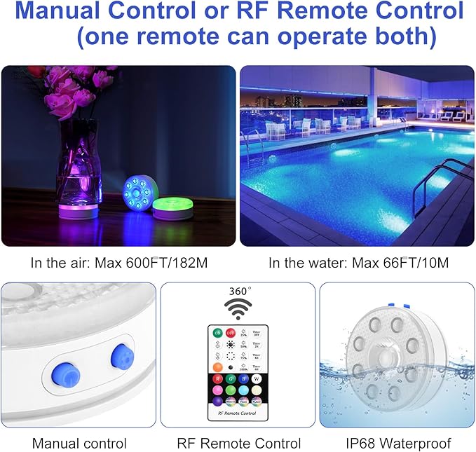 Rechargeable Battery Operated Floating Pool Lights - LUXJET 4 Packs RGB Color Changing Hot Tub Lights IP68 Waterproof Magnetic for Bath, Spa, Christmas, Halloween, Fountains