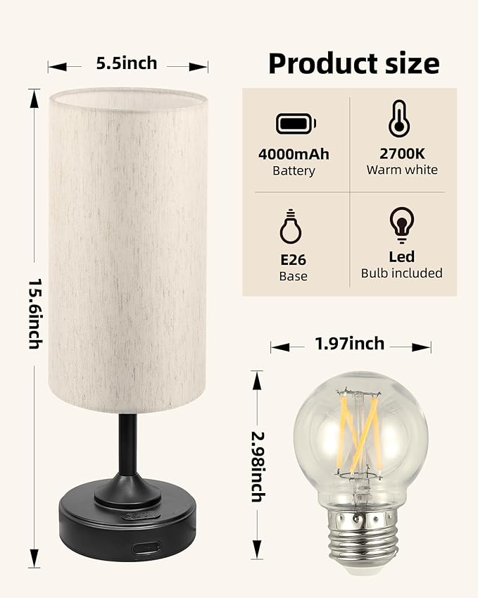 Battery Operated Lamp, Dimmable, Ambient Light, 2700K, Timer, Touch Control, Portable, LED, Wireless, Rechargeable, Cordless, Desk Lamp, Kitchen Lamp, Fabric Shade, for Bedroom, Living Room, Dorm