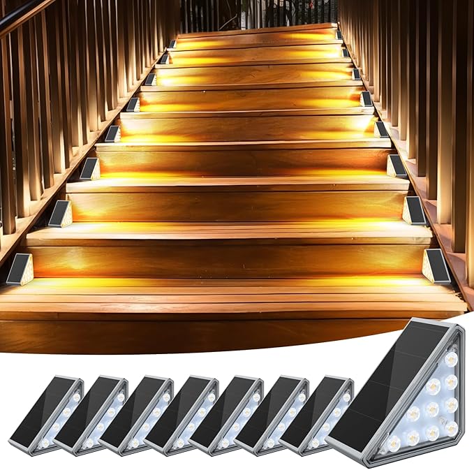 8 Pack Solar Stair Lights, Outdoor Step Lights with Waterproof IP67, Warm White LED Solar Light for Outside Light Decor for Stair, Deck, Front Step, Front Porch, Patio and Backyard