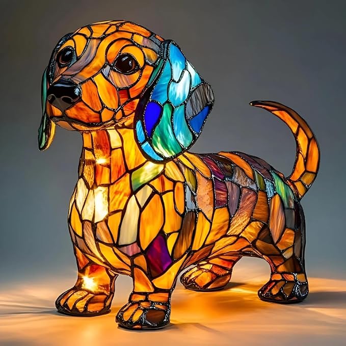 Rainbow Puppy Lamp Stained Glass Dog Night Light 3D Retro Stained Resin Rainbow Pup Lights Charge Powered Table Lamp Puppy Glow Lamps for Home Bedroom Desk (Dog-B)