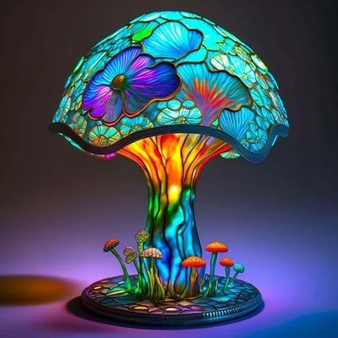 Creative Glass Resin Mushroom Table Lamp, 5.9 Inch Stained Glass Mini Night Light, Bohemian Decoration for Bedroom, Living Room, Home Office - Gifts