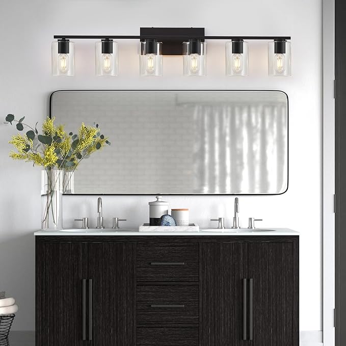 Black Bathroom Vanity Lighting Over Mirror,6 Light Bathroom Vanity Lights with Clear Glass Shade,Metal Vanity Lights for Bathroom,Bedroom,Living Room