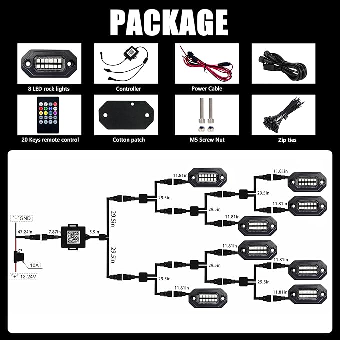 RGB LED Rock Lights Kit, 8 pods Multicolor Neon Light with Bluetooth App/Remote Control Flashing Music Mode, Aluminum Metal, IP68 Waterproof, 12v for Truck ATV UTV SUV