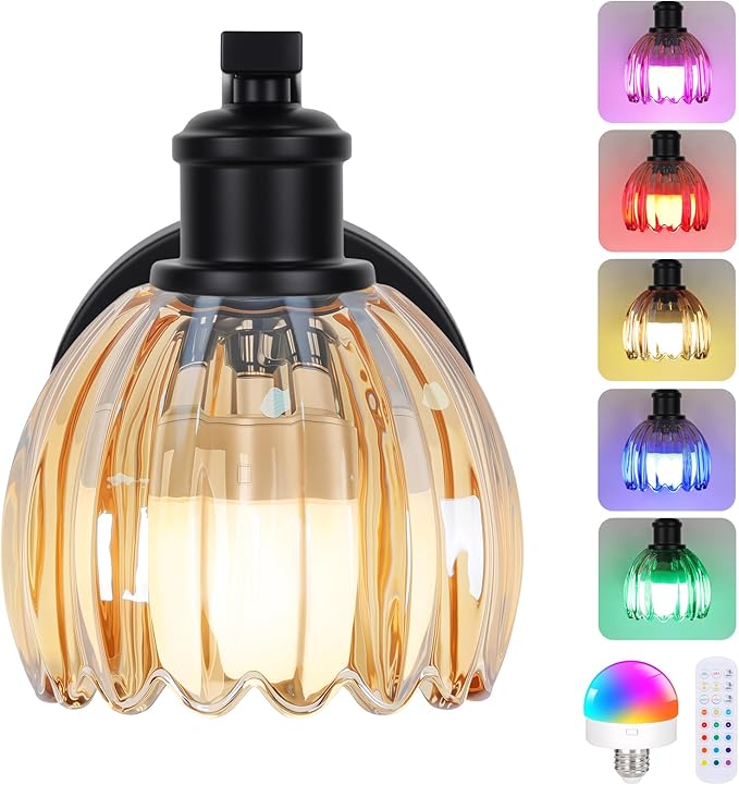 Rechargeable Battery Operated Wall Sconce with Amber Glass Lampshade, Wireless Wall Scone Decor with Remote Control, 15 Colors Black Wall Light for Bedside Hallway Bedroom Doorway