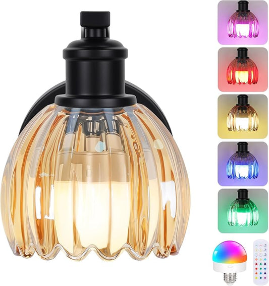 Rechargeable Battery Operated Wall Sconce with Amber Glass Lampshade, Wireless Wall Scone Decor with Remote Control, 15 Colors Black Wall Light for Bedside Hallway Bedroom Doorway