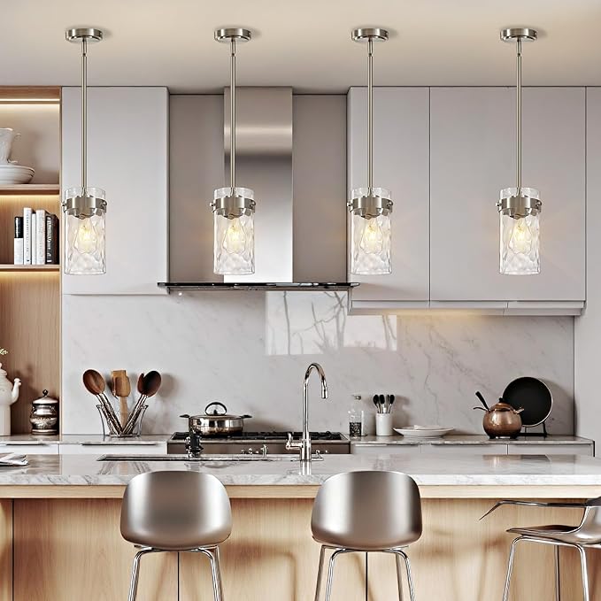 4.72" Hammered Glass Pendant Lighting for Kitchen Island 1 Pack, Modern Brushed Nickel Pendant Light Fixtures, Adjustable Ceiling Pendant Light for Kitchen Island Dining Room Bedroom Hallway