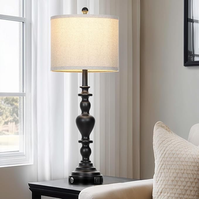 27" Vintage Table Lamps for Living Room Set of 2, Farmhouse Rustic Nightstand Lamps with USB C+A Ports, 3-Way Dimmable Bedside Lamp for Bedrooms Office Dorm, 2 LED Bulbs Included Washed Antique Black