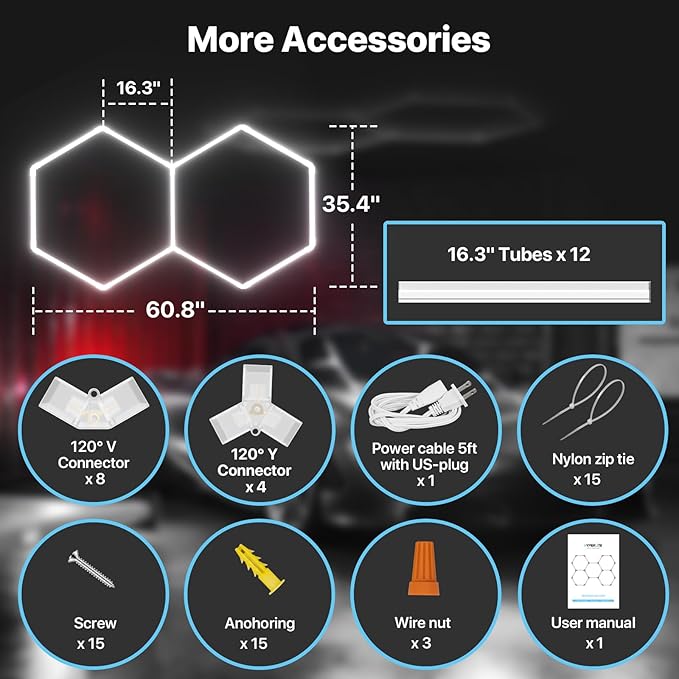 HYPERLITE Gen 2 Hexagon Garage Lights: 77W 7700LM 2 Grids DIY Hexagon Led Light, 6500K Ultra Bright Honeycomb Hex Lights, Easy Install, Durable Design for Garage, Shop, Basement, Barber, Homegym