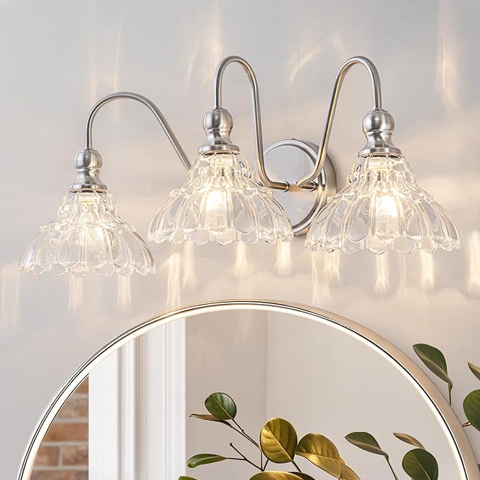 Vintage Bathroom Light Fixtures Over Mirror, 3-Light Brushed Nickel Wall Sconce Lighting with Flower Glass Shade, Farmhouse Vanity Lights for Bedroom Kitchen Living Room Hallway Light