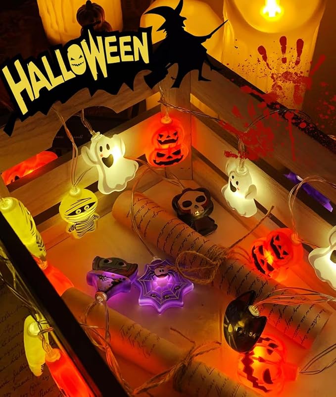 Halloween String Lights with Battery-Powered Decoration Featuring Mummies, Ghosts, Spiders,Witch, Skeletons, Witches, Black Cats-Cute Indoor Party Ornaments for Festive Decoration.（8 Elements）