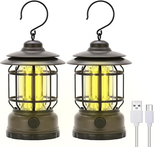 Rechargeable Portable LED Camping Lanterns, Vintage Style Tabletop Lantern, Stepless Dimming, Waterproof - Green, 2 Pack for Camping, Hanging Tent Light, and Power Outages