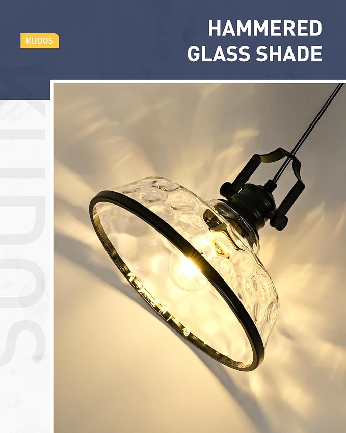 kudos Pendant Lights Kitchen Island, 11" Black Pendant Lights with Clear Hammered Glass Shade, Farmhouse Large Hanging Light Fixture for Kitchen Sink Dining Room, KDPL13-BK-H