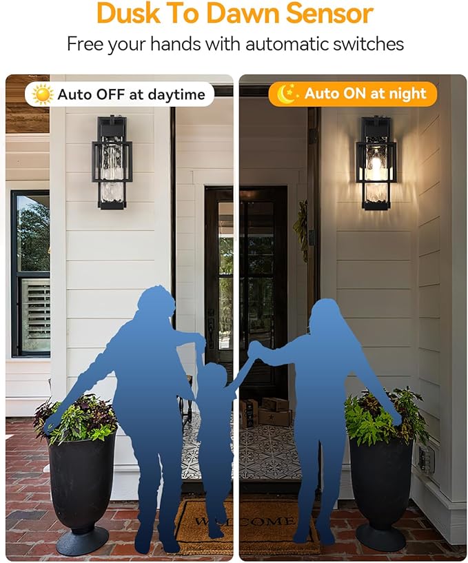 SHIMR Dusk to Dawn Outdoor Lighting 2 Pack, Outdoor Wall Sconce with Water Seeded Glass, Exterior Lighting Fixtures with E26 Base, Outdoor Lights for House Porch Garage Bulb Included