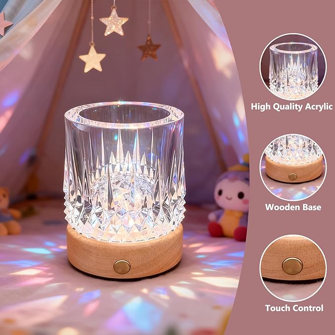 Small Creative Crystal Table Lamp with RGB Color Changing Night Light with Solid Wood Base,Touch Control & Rechargeable,Ideal as Romantic Gifts for Bedroom or Living Room Decor