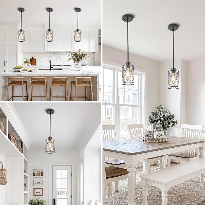 Refice Glass Pendant Lights Kitchen Island, Black Kitchen Hanging Light with Clear Glass, Farmhouse Cage Mini Pendant Lighting for Sink Dining Room Bedroom Bar, 2 Pack