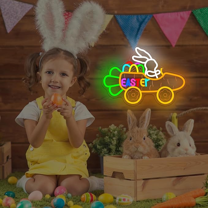 Easter Neon Sign Dimmable Easter Bunny Neon Light for Wall Decor Carrot Cart Light Up Sign LED Bunny Driving a Carrot Cart for Party Decoration