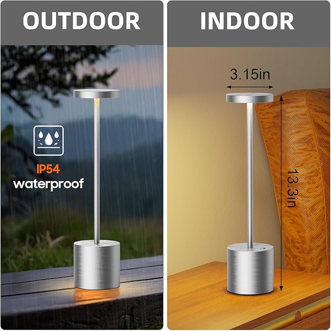 SAKRINGT Cordless Table Lamps Rechargeable,6000mAh Portable Battery Operated LED Table Light for Restaurant Outdoor 2 Pack Silver