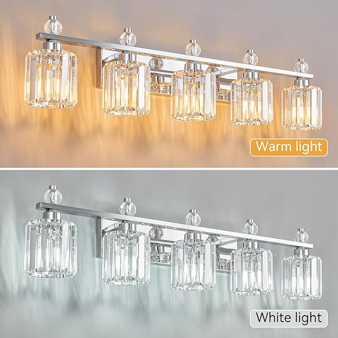 Bathroom Vanity Lights 5-Light Chrome Modern Crystal Vanity Light Fixtures Over Mirror Crystal Bathroom Vanity Lighting Fixtures