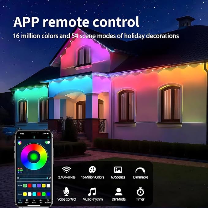 Permanent Outdoor Lights Pro, 150ft RGB-IC LED Eaves Lights, IP67 Waterproof with Smart App&Remote Control,for Christmas,Party, Daily, Halloween and All Holiday Decor