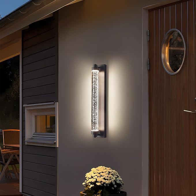 Black Outdoor Wall Sconce, 23.6inch Bubble Crystal Modern Wall Mounted Lights, 3000K-6500K Dimmable Waterproof LED Exterior Lamp Lighting for Porch, Garage, Patio, Living Room, Indoor