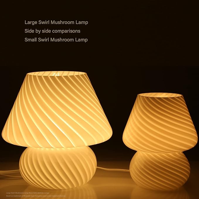 BSOD Swirl Mushroom Lamp, Vintage Bedside Table Lamps 9.9" Striped White Translucent Murano Glass Big Mushroom Decor Night Light for Desk, Bedroom, Nightstand, Home Office, Birthday Gifts...