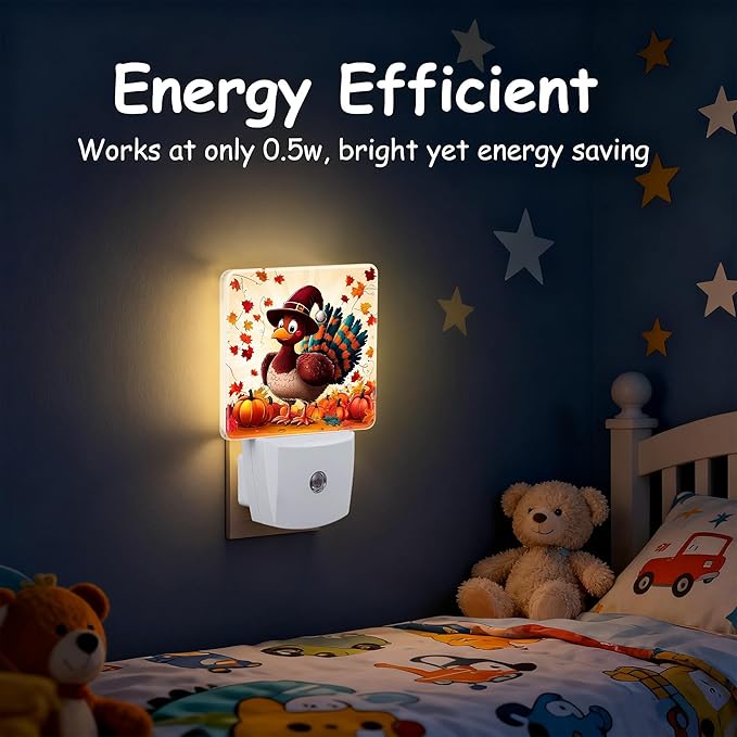 Fall Thanksgiving Cute Turkey Night Light for Kids, Dusk-to-Dawn Auto Sensor Plug in Night Light, 0.5W Energy Saving Non-Toxic Design for Bedroom/Bathroom, Ideal Gifts for Women, Men & Kids