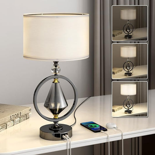 C06-2 20.8” Art Deco Bedside Table Lamp - 3-Way Dimmable Touch Control, USB A+C/AC Outlet, Bulb Included, Ideal for Living Room Nightstand Bedroom
