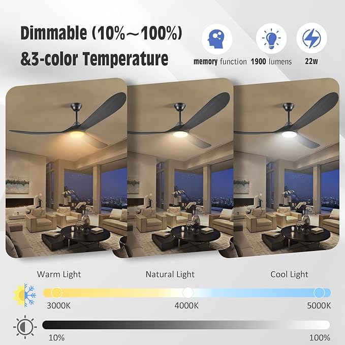 60 Inch Black Outdoor Ceiling Fans with Lights, Smart Ceiling Fan with Remote/APP/Alexa Control, Solid Wood Farmhouse Ceiling Fan for Patios Porch Bedroom, Quiet Reversible DC Motor, Indoor/Exterior