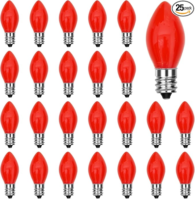 25 Pack C7 Red Replacement Bulbs, 5W Ceramic Red Bulbs for C7 Christmas Outdoor String Lights, E12 Candelabra Base Night Light Bulbs