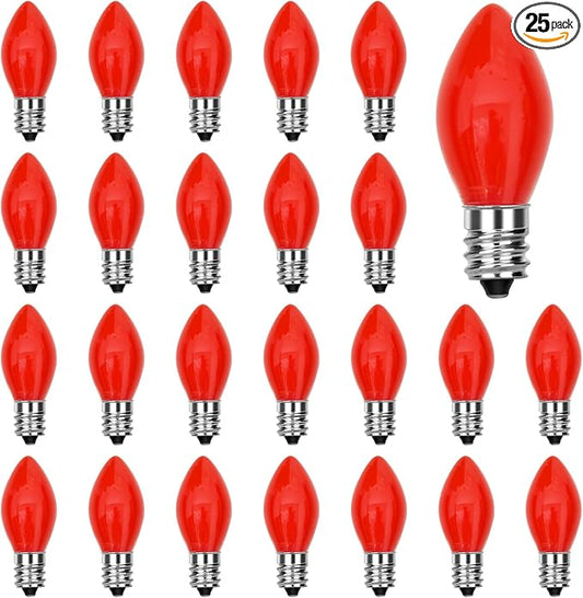 25 Pack C7 Red Replacement Bulbs, 5W Ceramic Red Bulbs for C7 Christmas Outdoor String Lights, E12 Candelabra Base Night Light Bulbs
