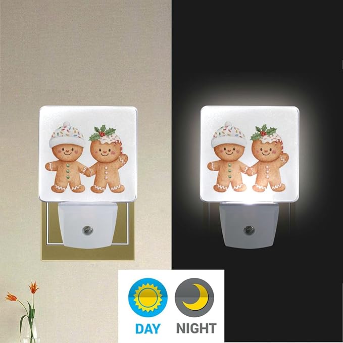Vdsrup Cartoon Christmas Gingerbread Night Light Set of 2 Xmas Cookies Night Lights Plug in Wall LED Nightlight Auto Dusk to Dawn Sensor Lamp for Bedroom Bathroom Kitchen