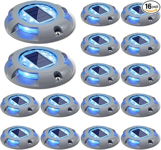 SIEDiNLAR Solar Deck Lights Driveway Dock Light LED Solar Powered Outdoor Waterproof Road Markers for Step Garden Sidewalk Stair Ground Pathway Yard 16 Pack (Blue)