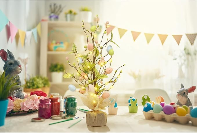 RoseCraft Easter Decorations, 18 Inch Pre-Lit Easter Egg Tree Tabletop Decor with Delicate Ornaments, for Home Party Wedding Holiday Spring Summer Decoration, Green/Pink/Blue.