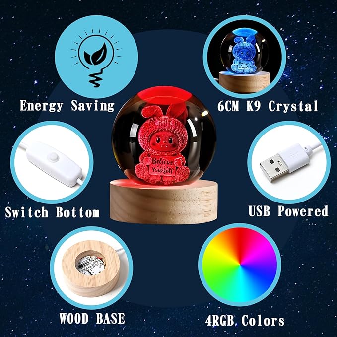 3D Easter Bunny Crystal Ball Night Light-Cute Bunny Gift, 2.4Inch Laser Engraved Glass Sphere with USB LED Base, Crystal Night Lamp for Bedroom Desk