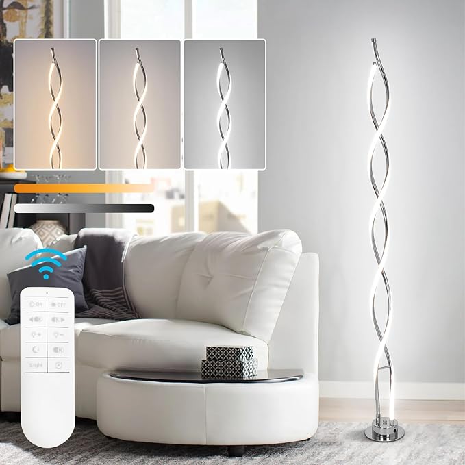 ADISUN 31W Modern Floor Lamp, LED Spiral Floor Lamp for Living Room, 3-Color Dimmable Standing Lamp with Remote Control, 58" Tall Floor Lamps for Living Room Bedroom Office Dining Rooms (Silver)