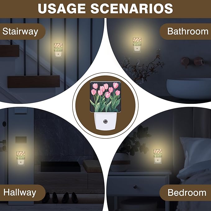 Pink Tulips Night Light, Floral Plug-in Nightlight with Dusk to Dawn Auto Sensor for Home Bedroom Hallway Kitchen 0.5W Sleep Friendly Led Lamp for Women Men