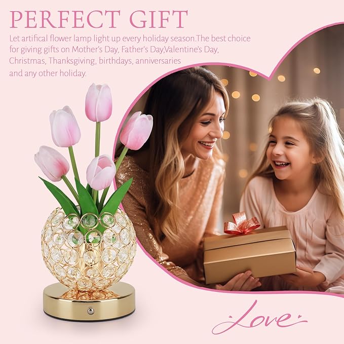 Tulip Table Lamp, Rechargeable Cordless Crystal Night Light, 3 Colors Touch Stepless Dimming Artificial Flower Light, LED Flower Bedside Lamp Romantic Gifts for Girl Women Mom (Tulip2 - Pink)