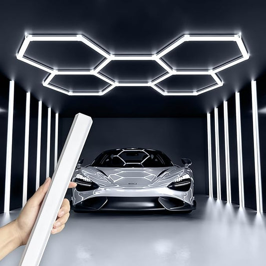 Updated Bigger Size 5 Grid Hexagon Garage LED Lights with Widen 1.33IN Illuminated Surface, 25 Pack, 26400LM Led Lights System for Garage, Basement,Warehouse (White Edge)Patent No.US0D1109406S